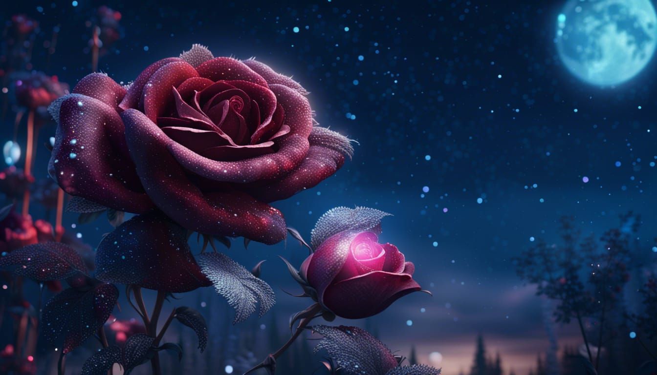 Rose on the background of the night sky, moonlight, glitter ...