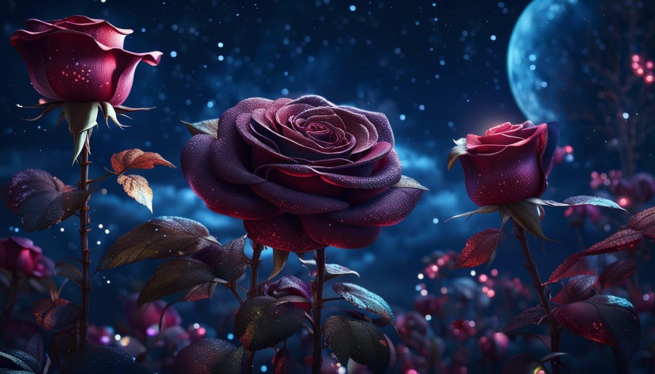 Rose on the background of the night sky, moonlight, glitter detailed matte painting, deep color, fantastical, intricate ...