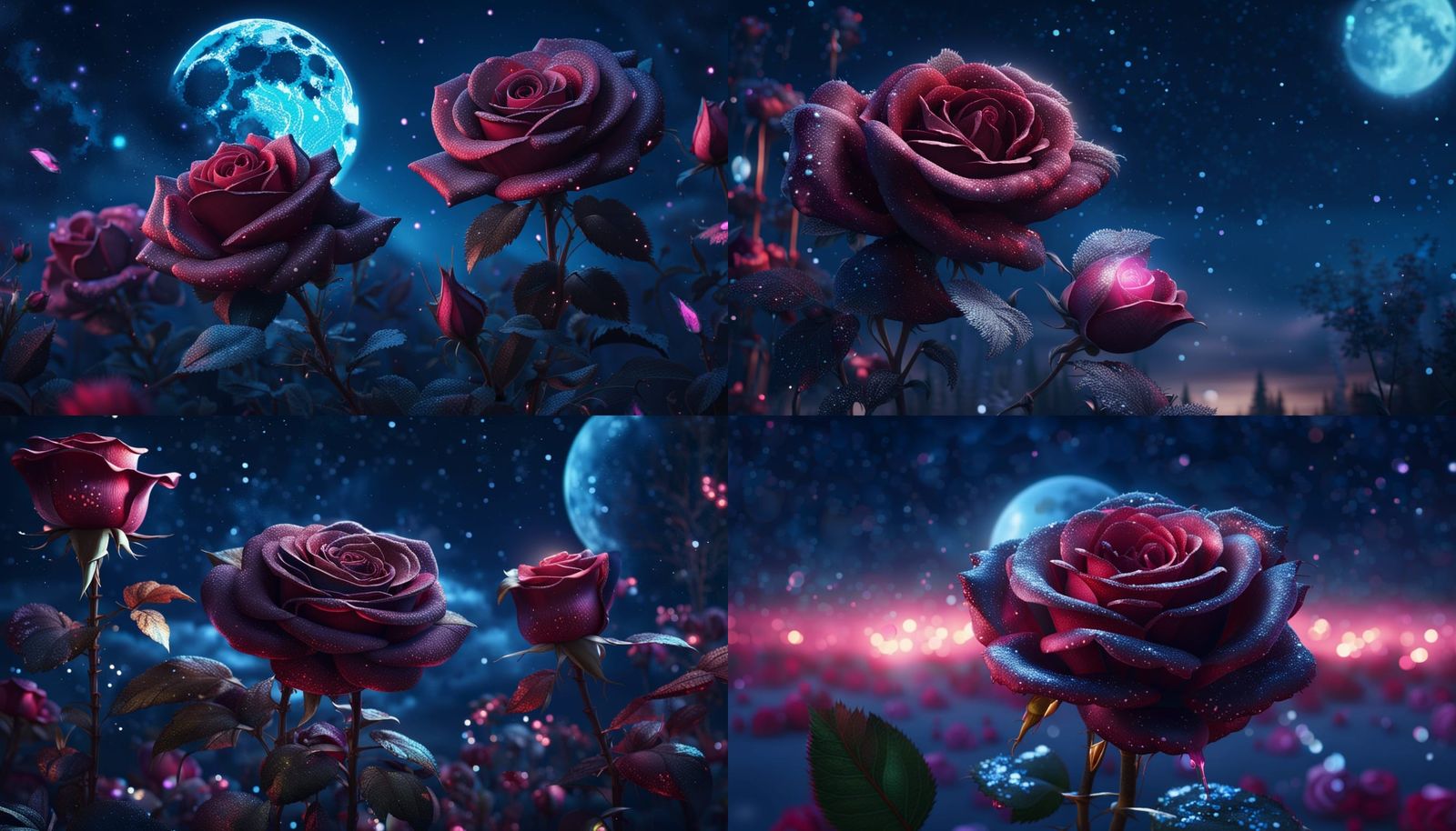 Rose on the background of the night sky, moonlight, glitter ...