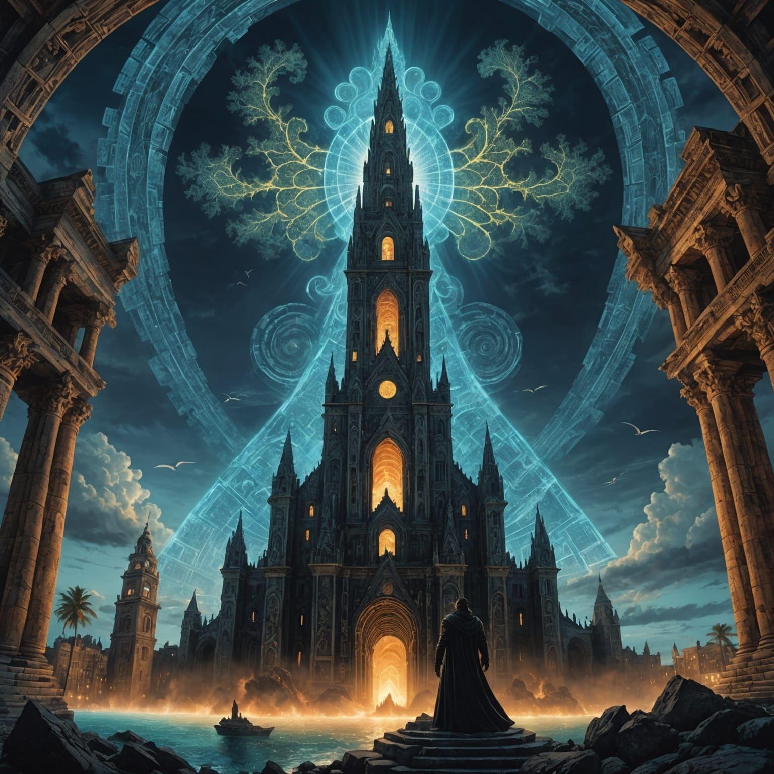 A majestic Lichtenberg figure with intricate, glowing fractal patterns etched into its being, stands tall amidst the ancient, mystical city of Atlantis