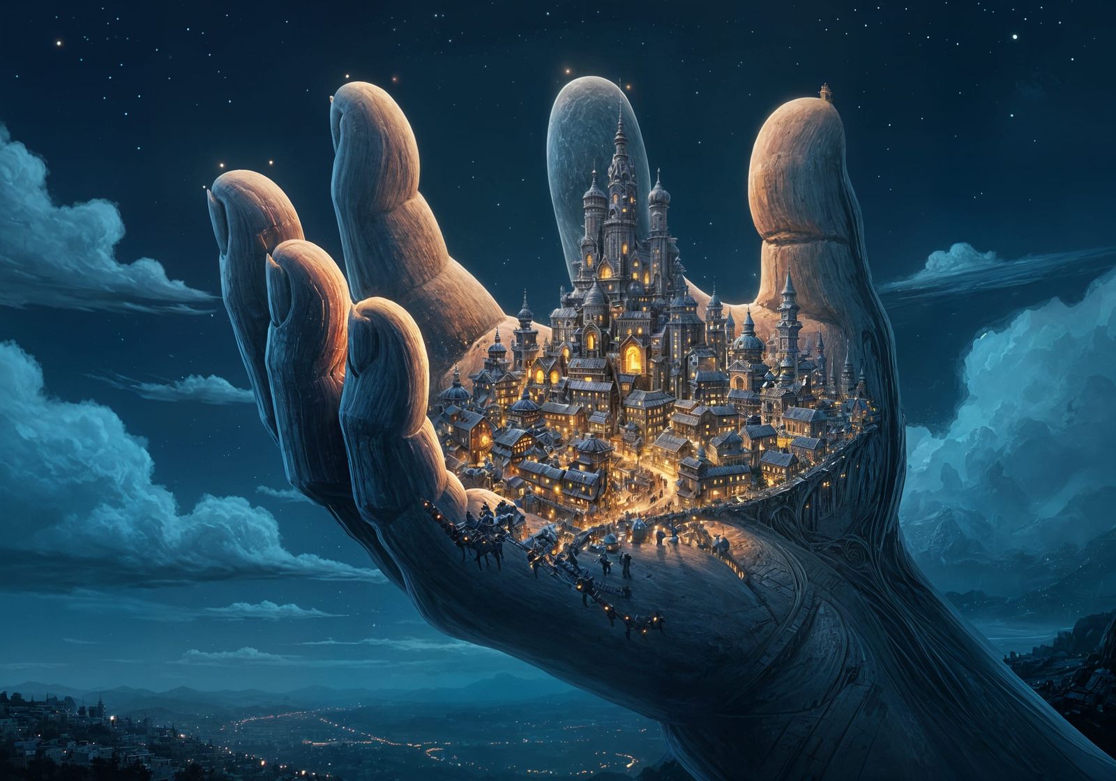 A city in a giant's hand.  by @Le Lapin