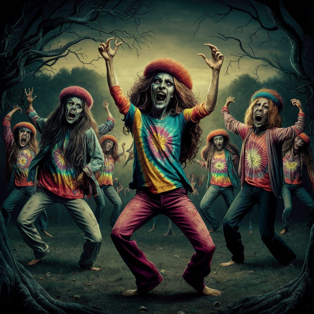 Hippies in tye dye clothes dancing fiercely in the woods