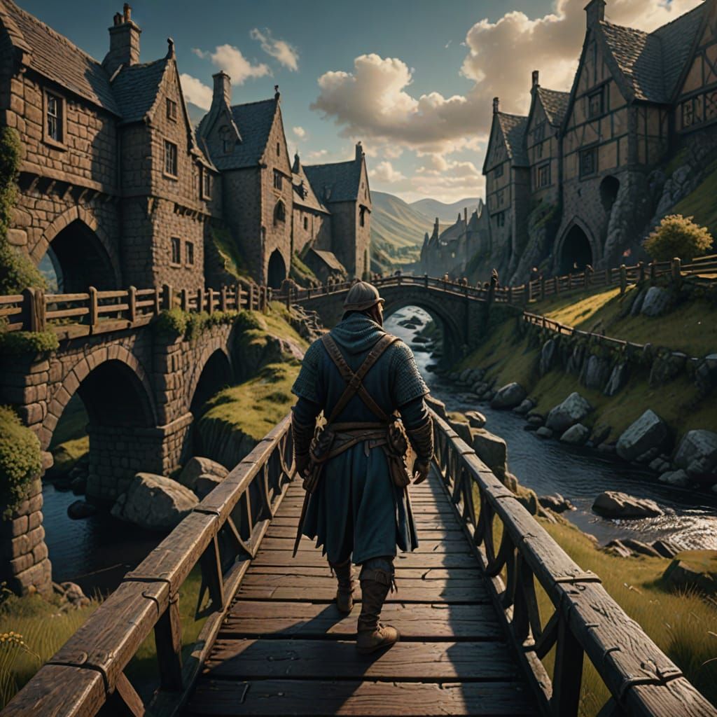 Medium shot of a peasant <Subject> crossing a bridge in medieval scotland. detailed matte painting, deep color, fantastical, intricate detai...