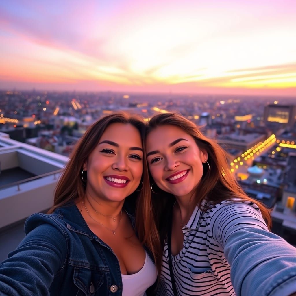 Friends Capture Selfie at Sunset on Rooftop