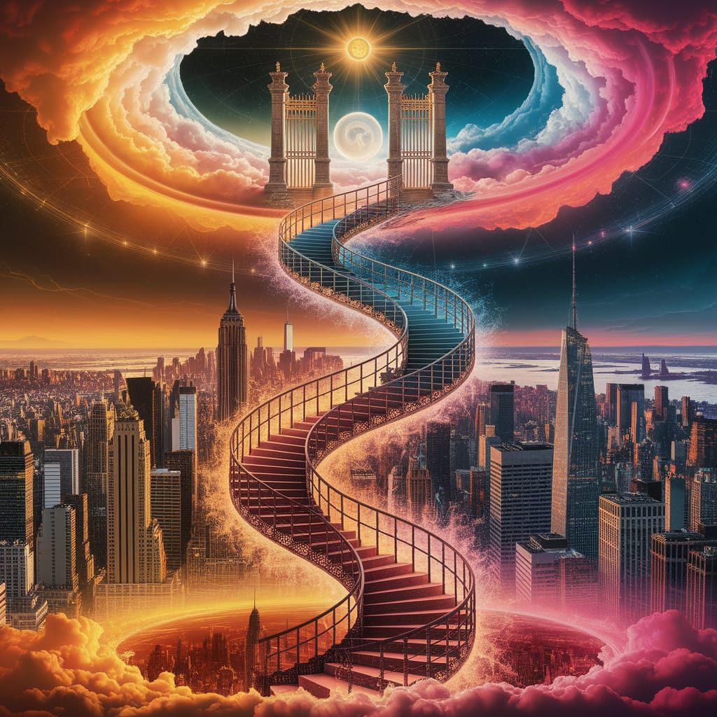 a spiral staircase that begins at the bottom of the image under ground in hell, rises through New York ...  by @blizzard224