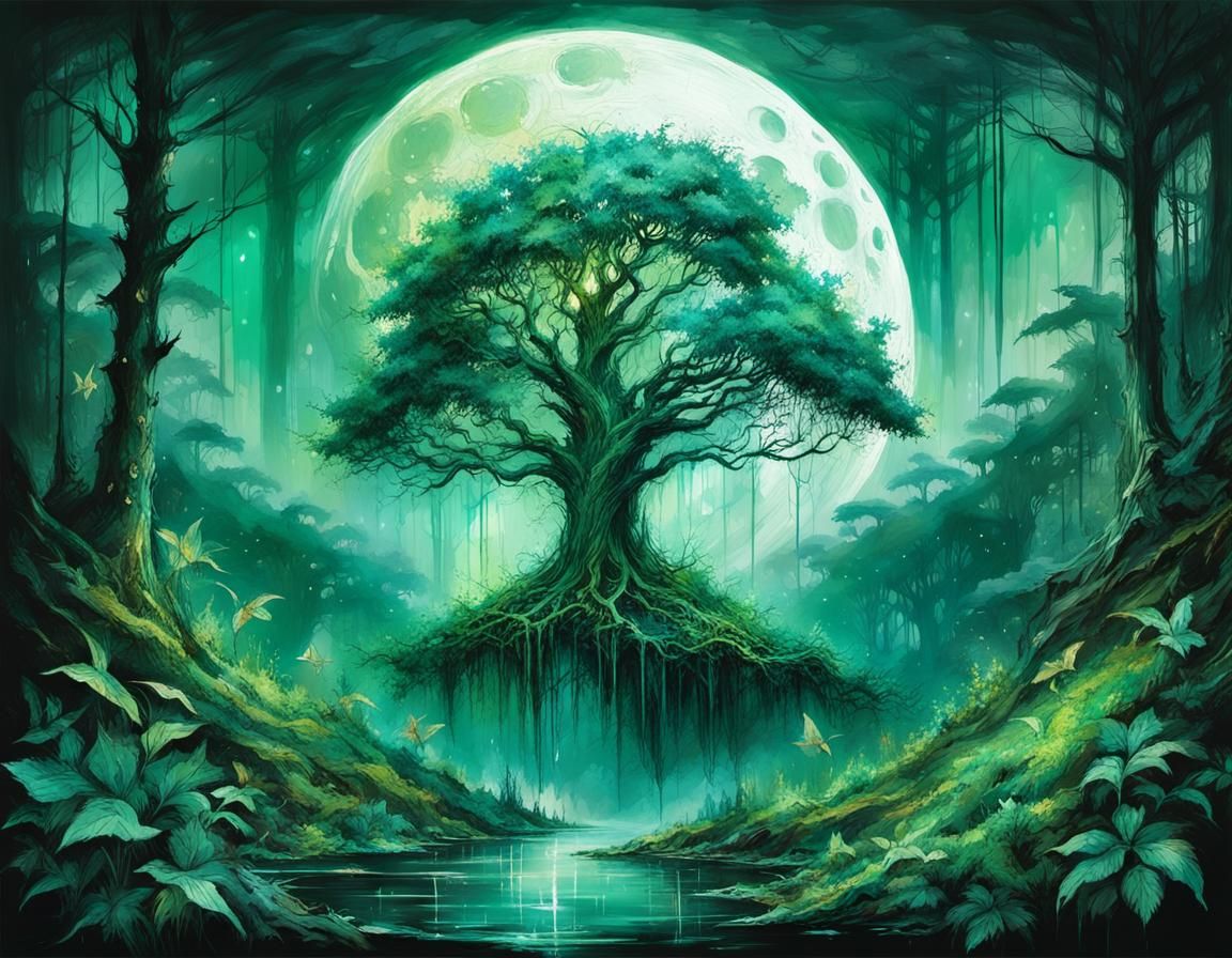 Majestic emerald moon casting its ethereal light, a mystical forest canopy stretching over a hidden glade, veiled in mist and flickering bio...