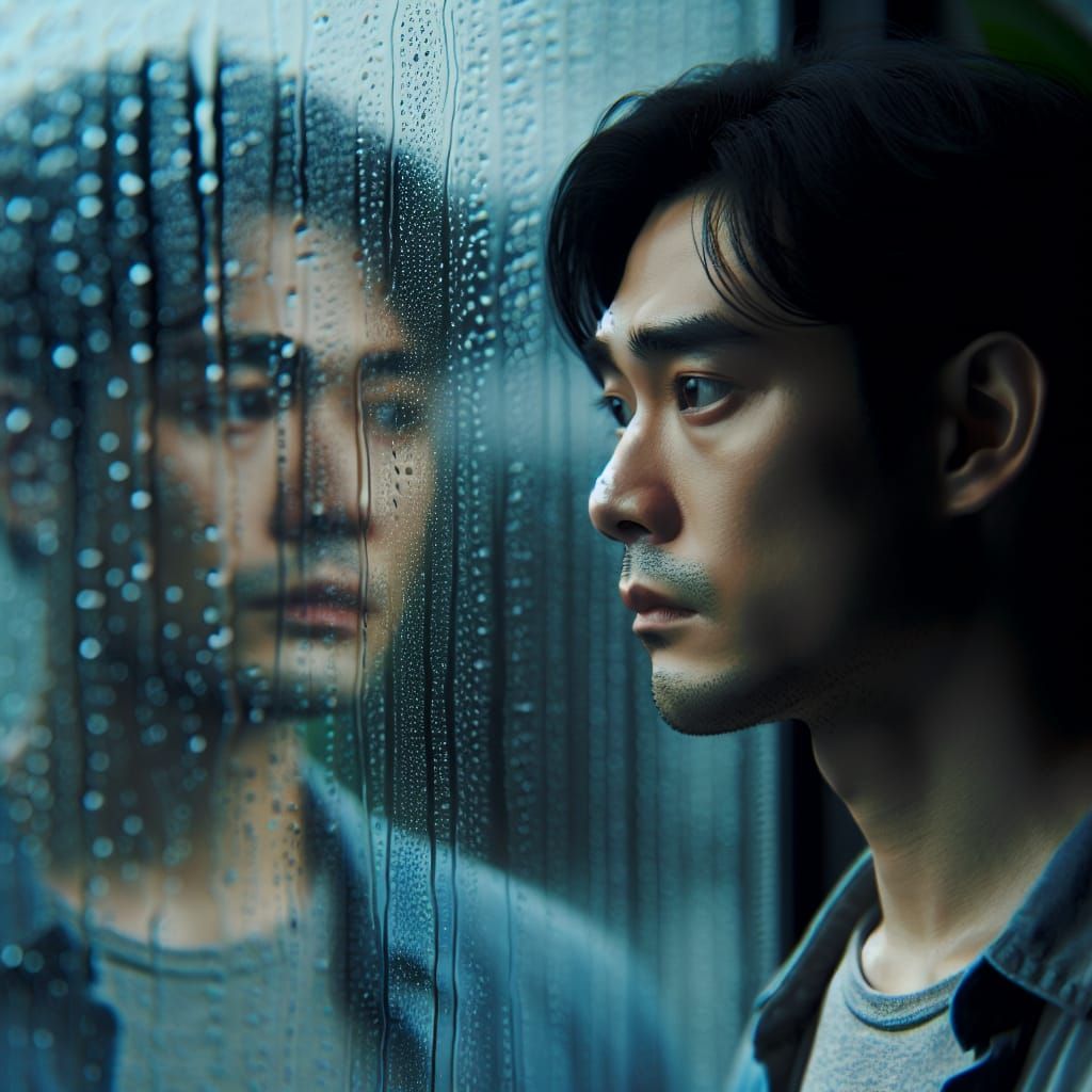 Melancholy hangs heavy in the air, mirrored in the rain-washed reflection of a man grappling with unspoken emotions.  by @Phantazia