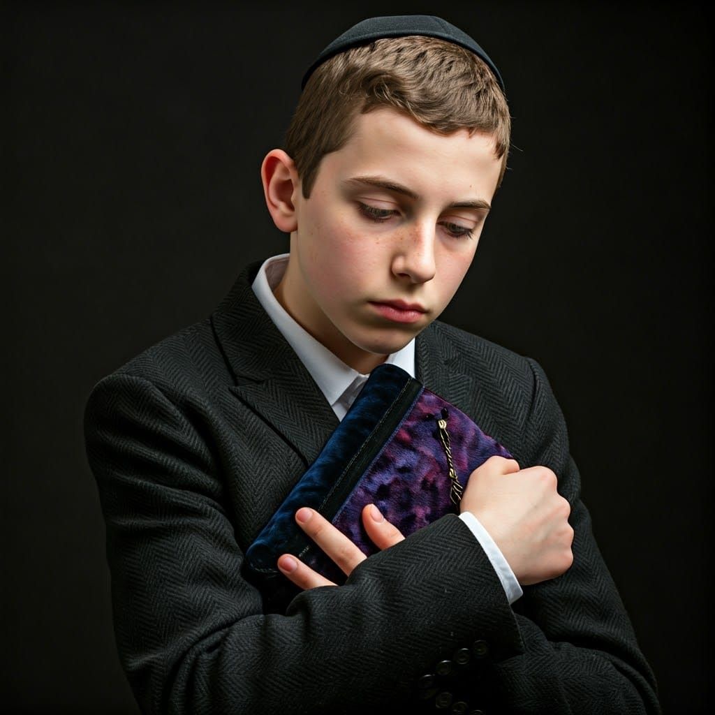 Young Hasidic Boy with Tefillin in Pensive Pose