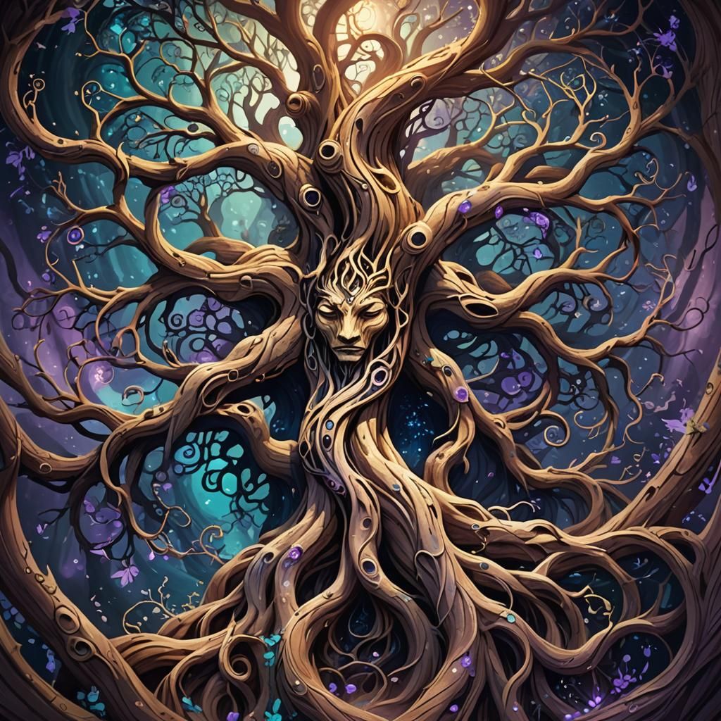 Divine Light Radiating from Carved Ancient Roots