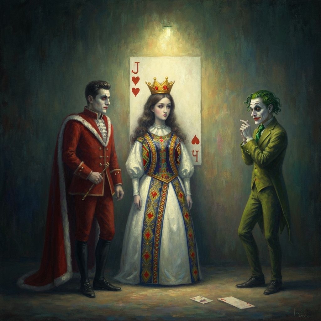 Impressionism. Playing cards reimagined,  A Queen of hearts standing next to the King of hearts. A Joker looks on impatiently. Moody, atmosp...