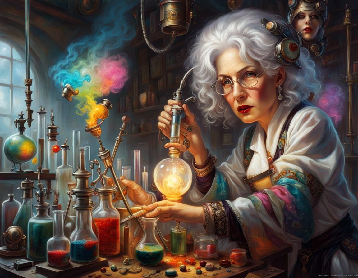 old woman scientist with white frizzy hair doing chemical ex...