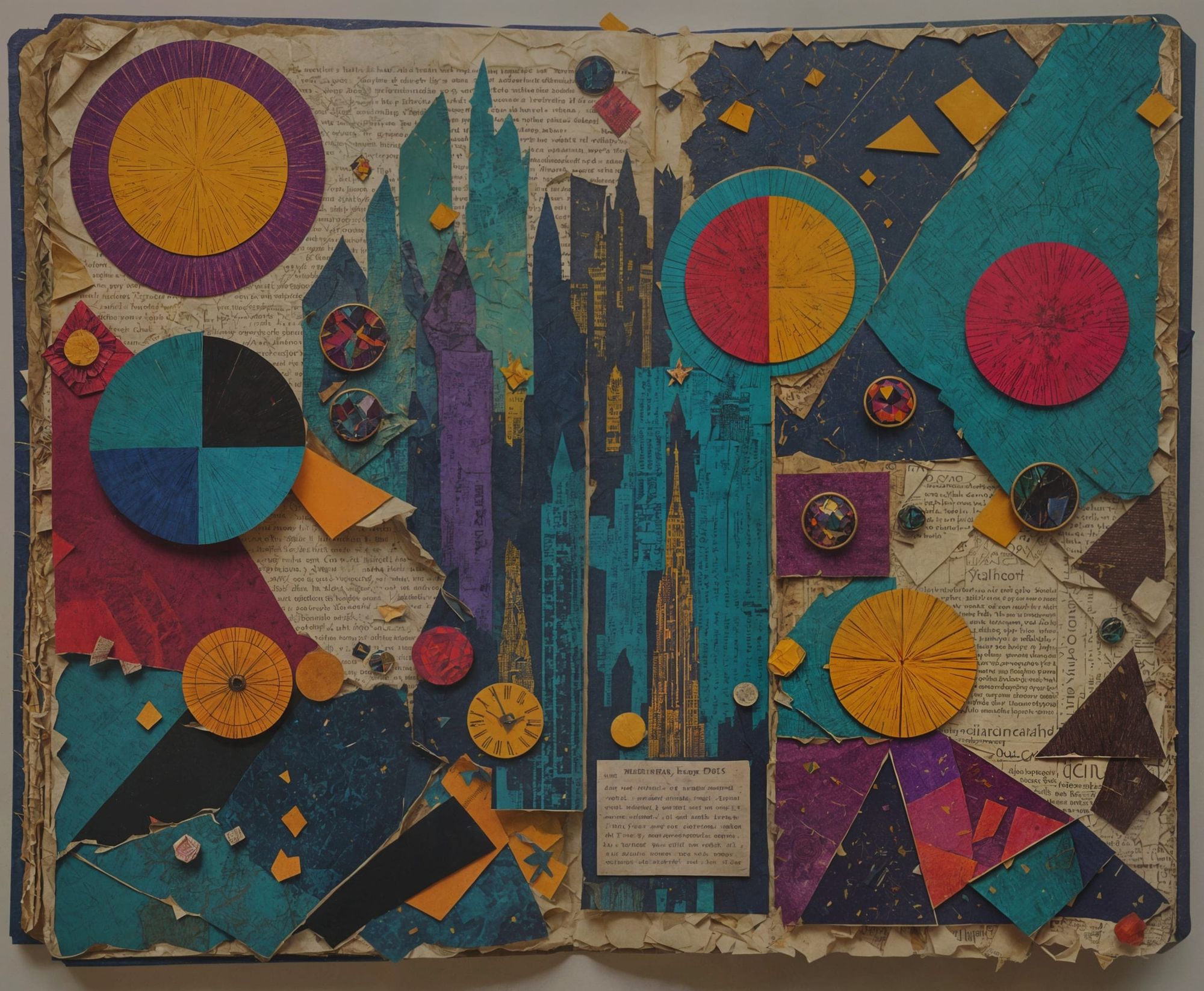 Luminous Metropolis (bold collage junk journal page made of textured torn paper ephemera, overlapping layers, deep vibrant jewel tones:3) ...