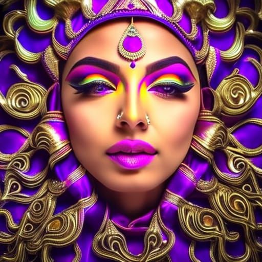 Crazy third eye ouverture on girl face, larges halos of purple light in ...