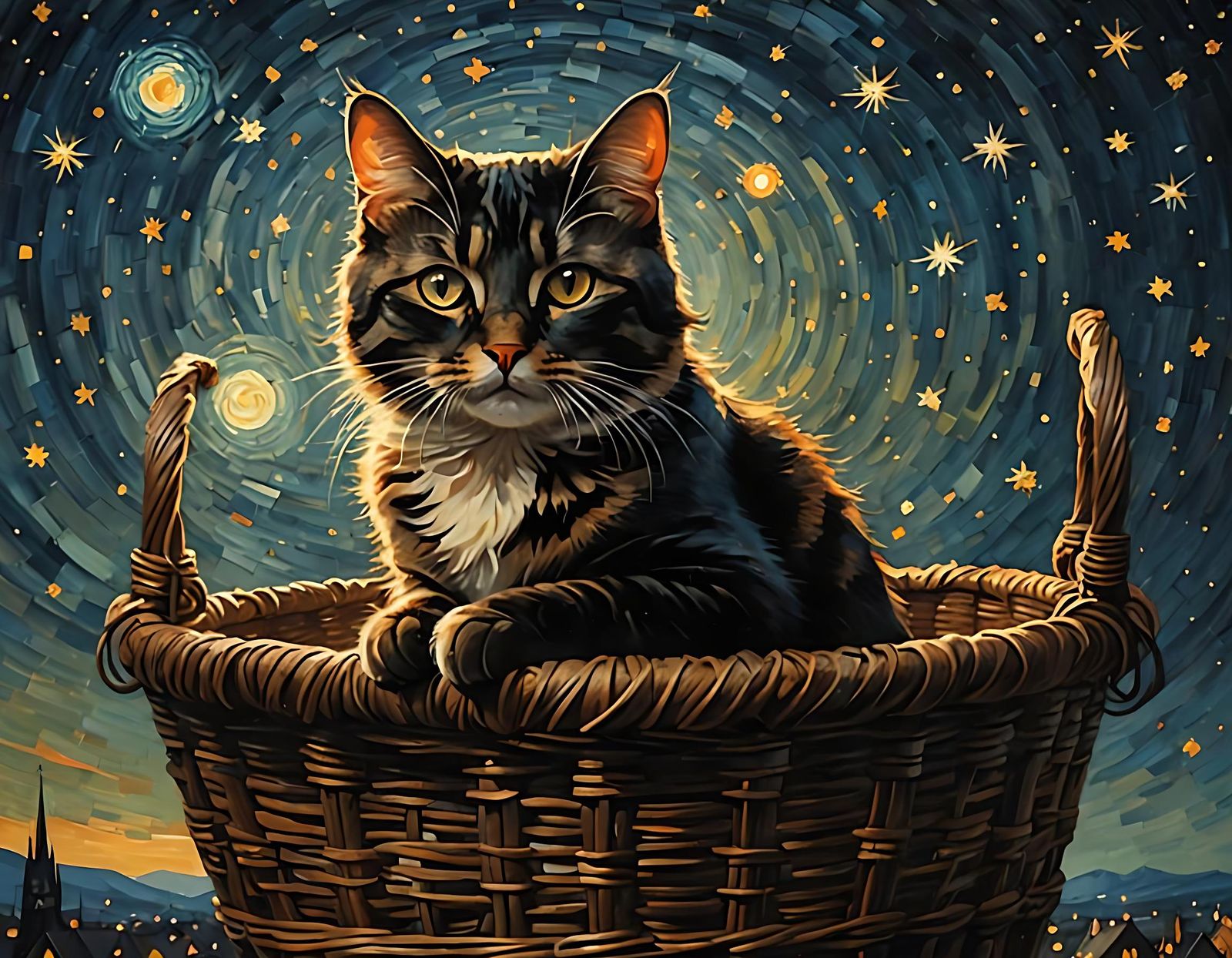 A Cat on a Basket Under the Starry Night
  by @Hinty
