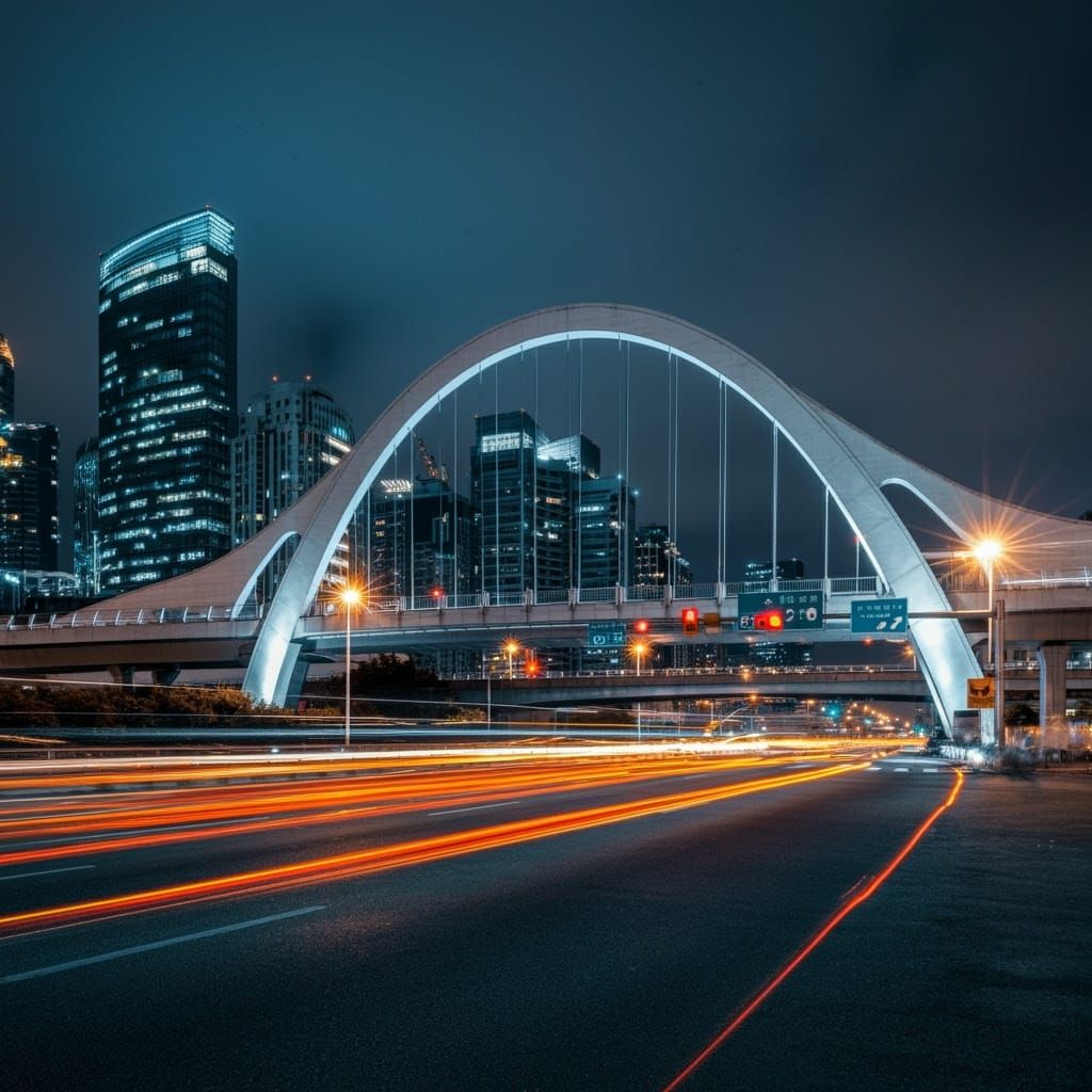 Illuminated Bridge Over City at Night