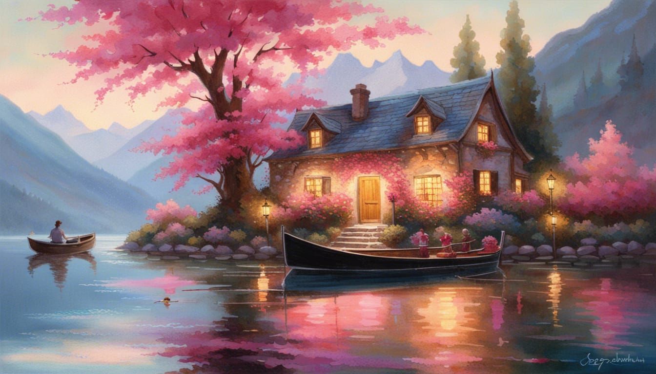 A cottage by a lake within the mountains  by @Pnile