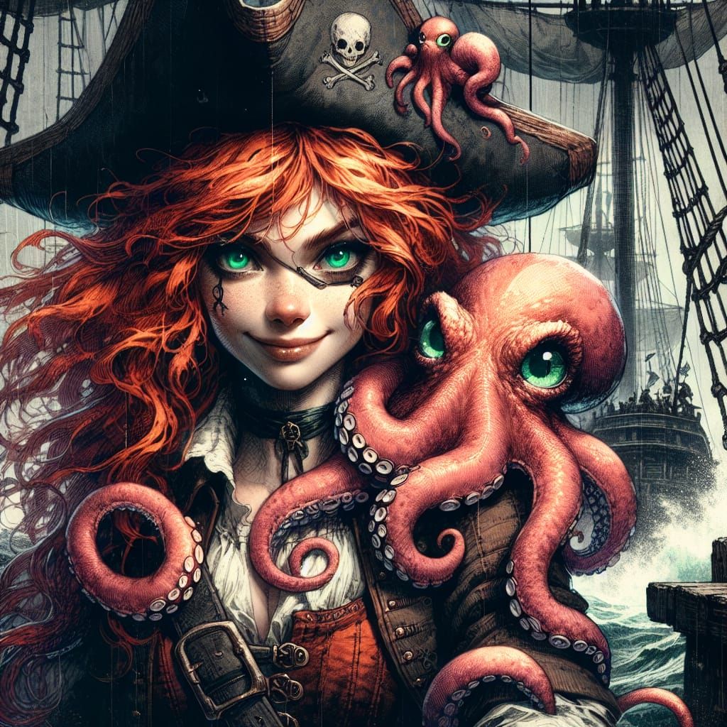 Redhead Pirate Sally and her pet octopus