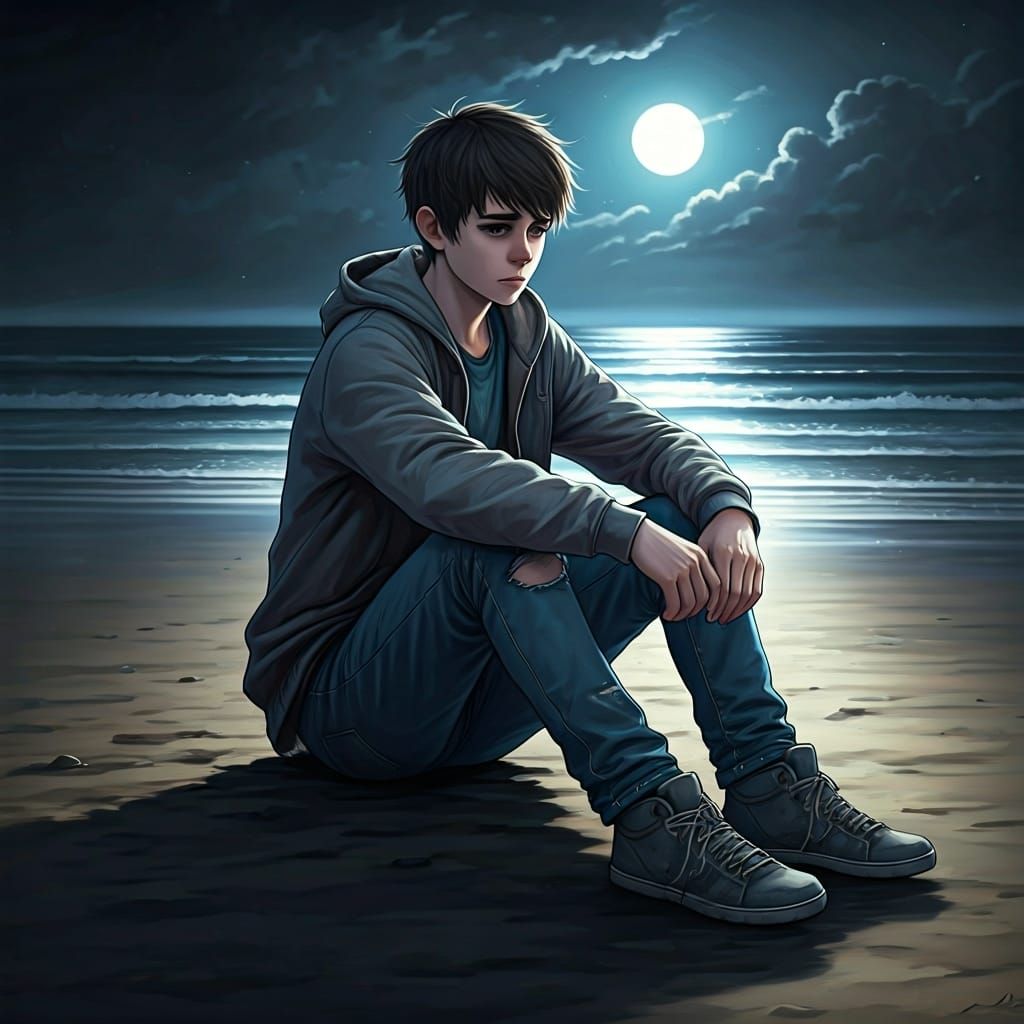 Melancholy Teen on Moonlit Beach in Abstract Expressionism