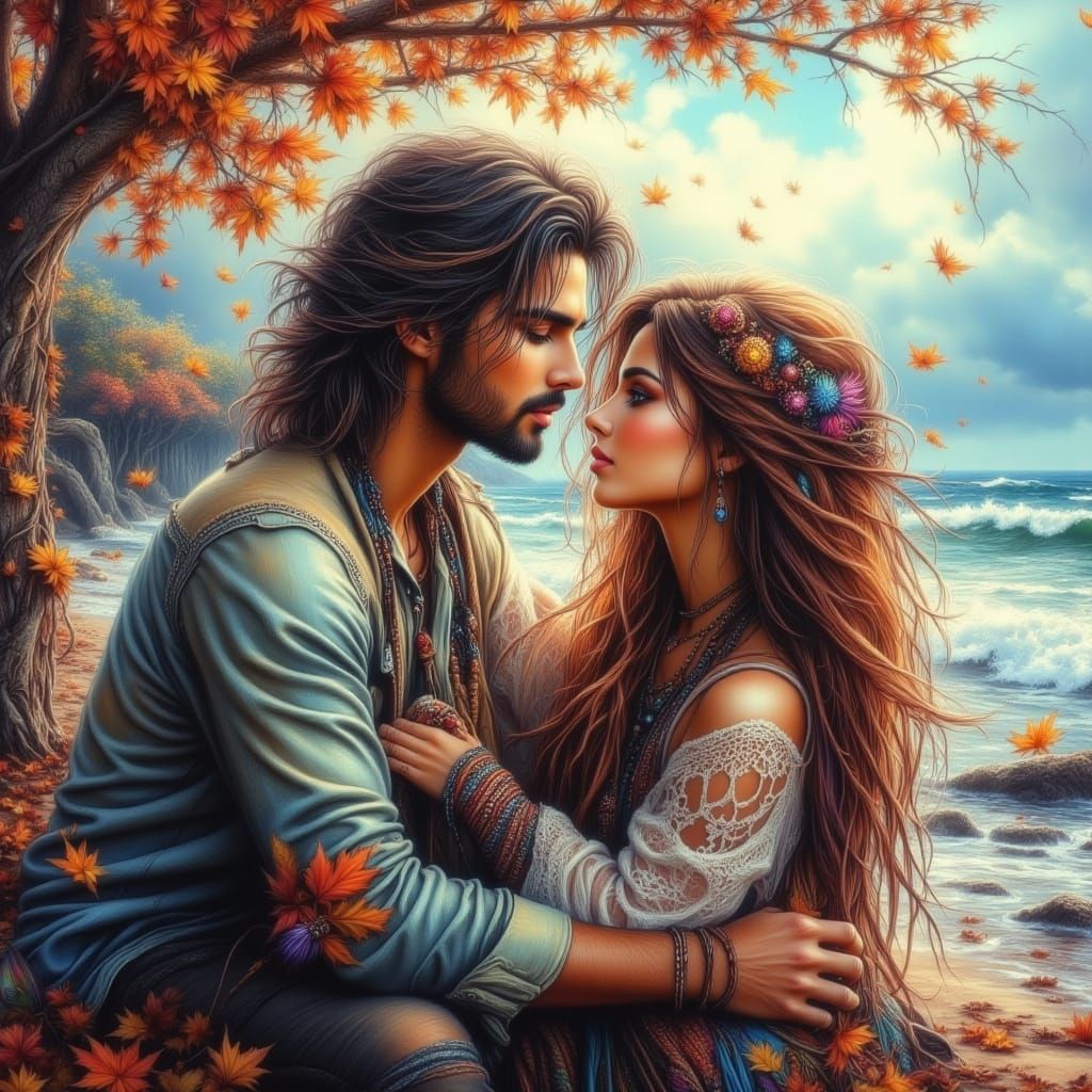<lora:Hand Drawn Bohemian:1.0> <lora:Beautiful women:1.0> A couple shares a tender moment on a windswept beach during a dramatic seasonal ch...