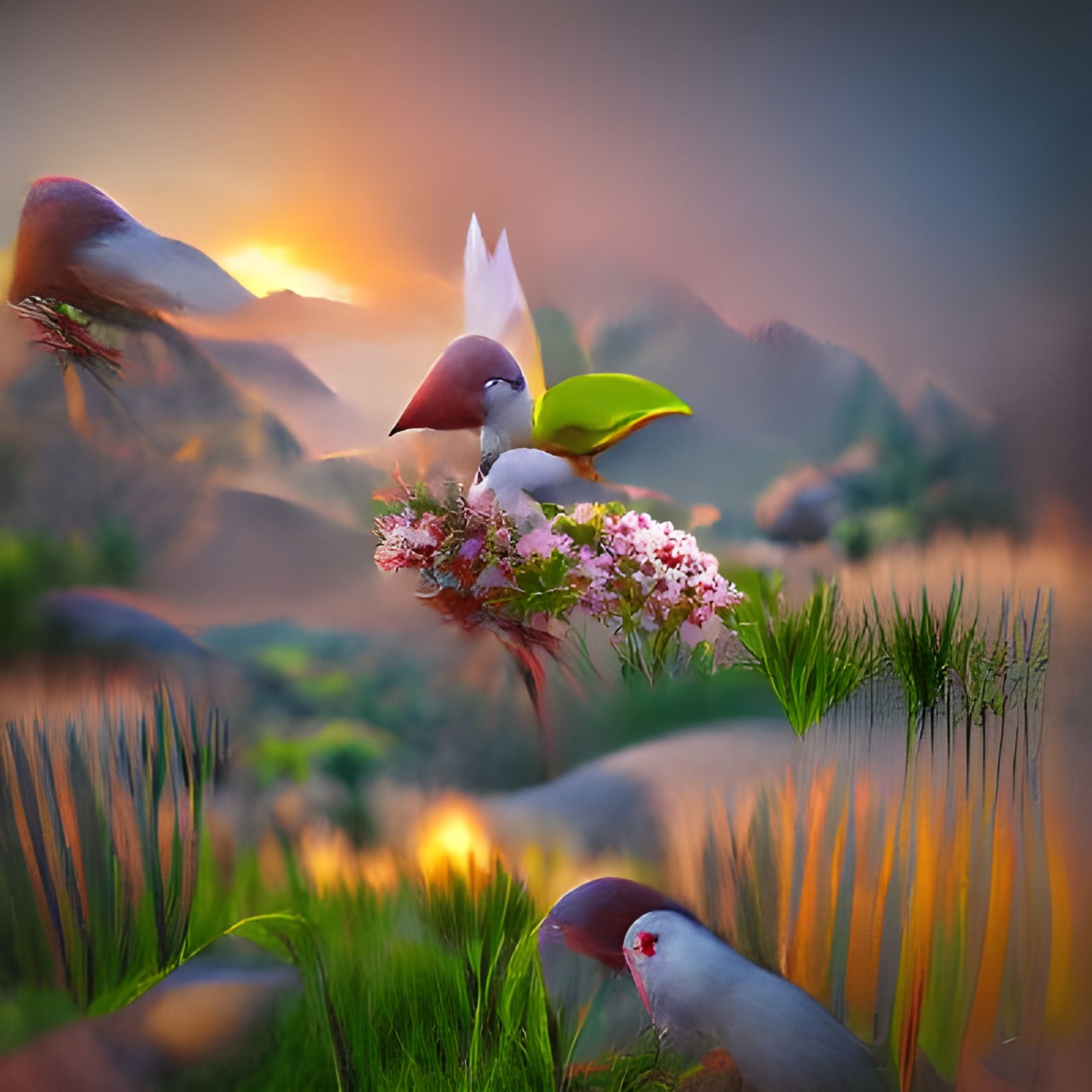 sparrow  and dove on blossoming sunset plants wild flowers n...