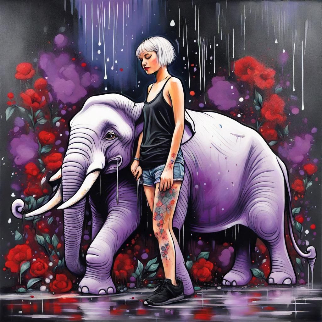 A girl with short hair, a nine-yot tattoo, no shirt, standing with a large  white elephant with a red cloth on its back. Amidst the pouring r... - AI  Generated Artwork -