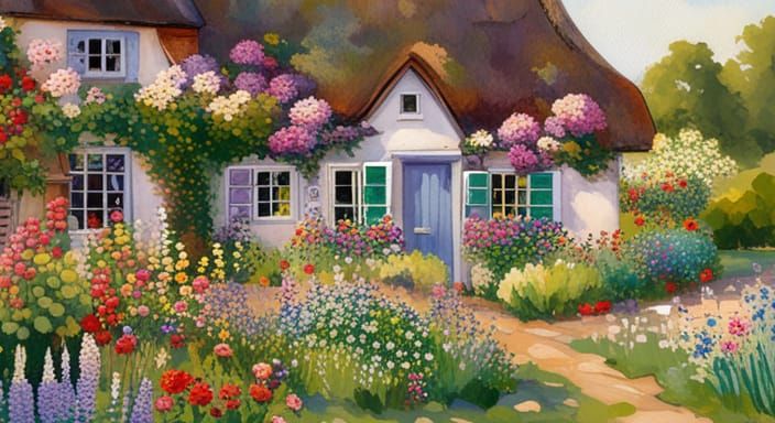 Cottage garden with many flowers in full bloom