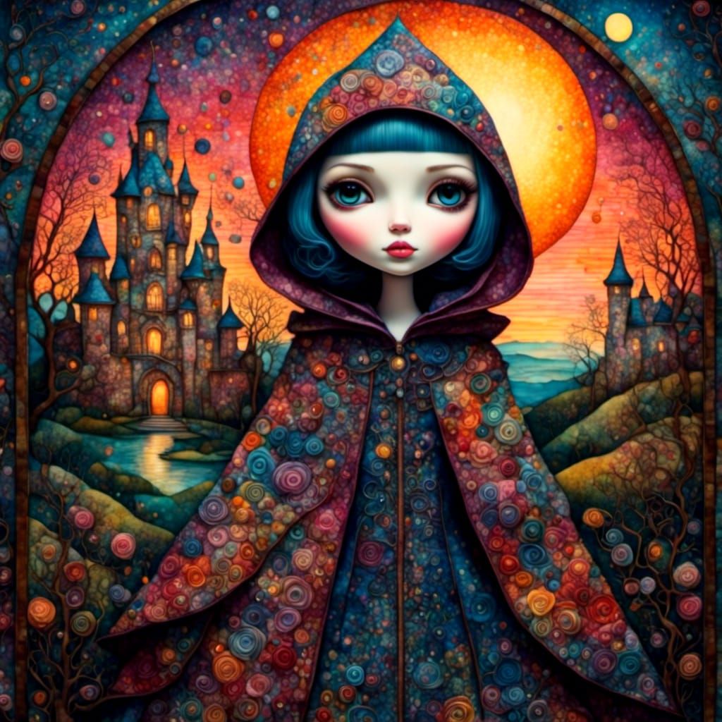 <lora:PR Blythe Doll:1.0> <lora:PR Quilted SDXL:1.0> <lora:PR Sketchbook:1.0> closeup of A regal figure wearing a hooded cloak, gazing over...