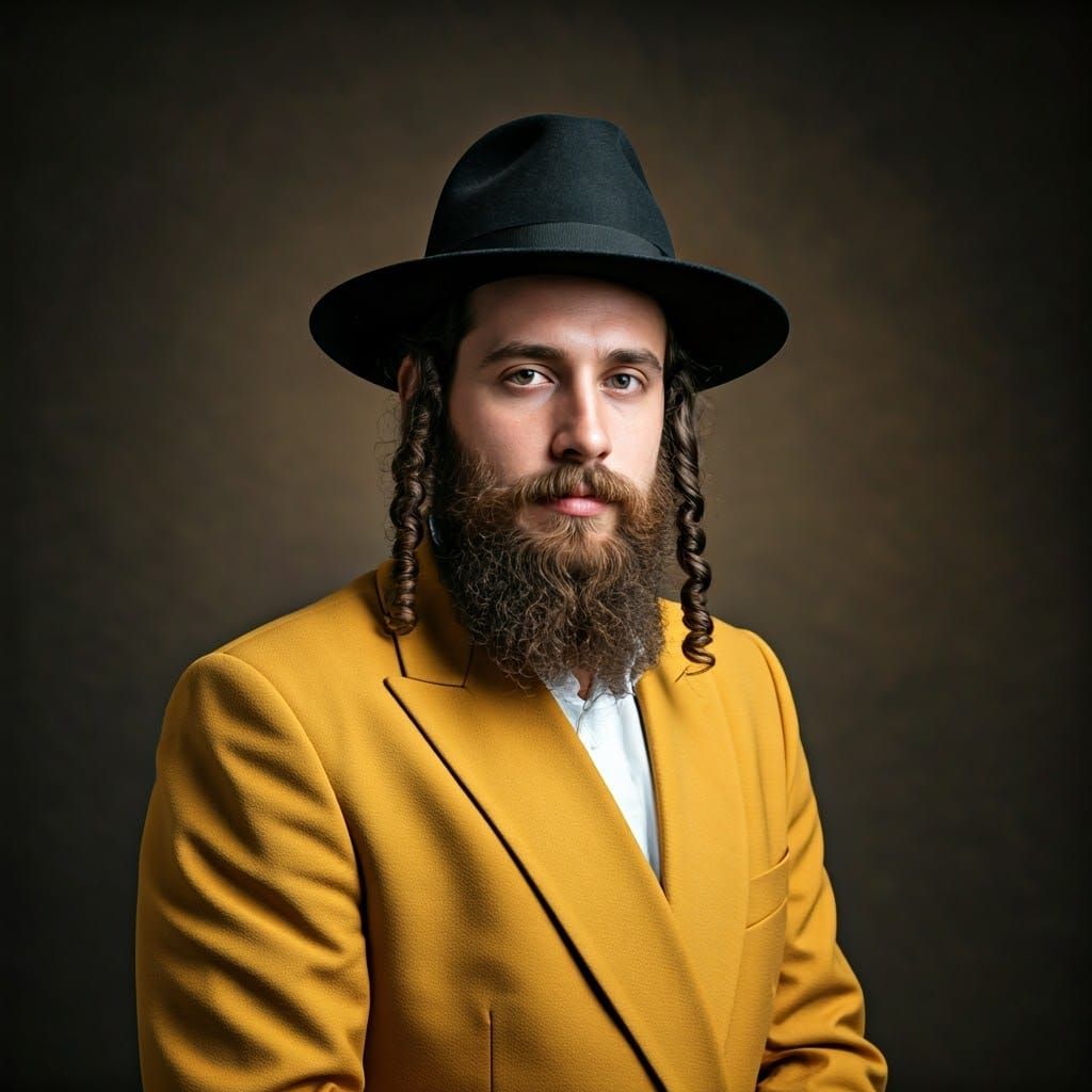 Chasidic Jewish Man Poses in Elegant Shtreimel and Kapote Co...