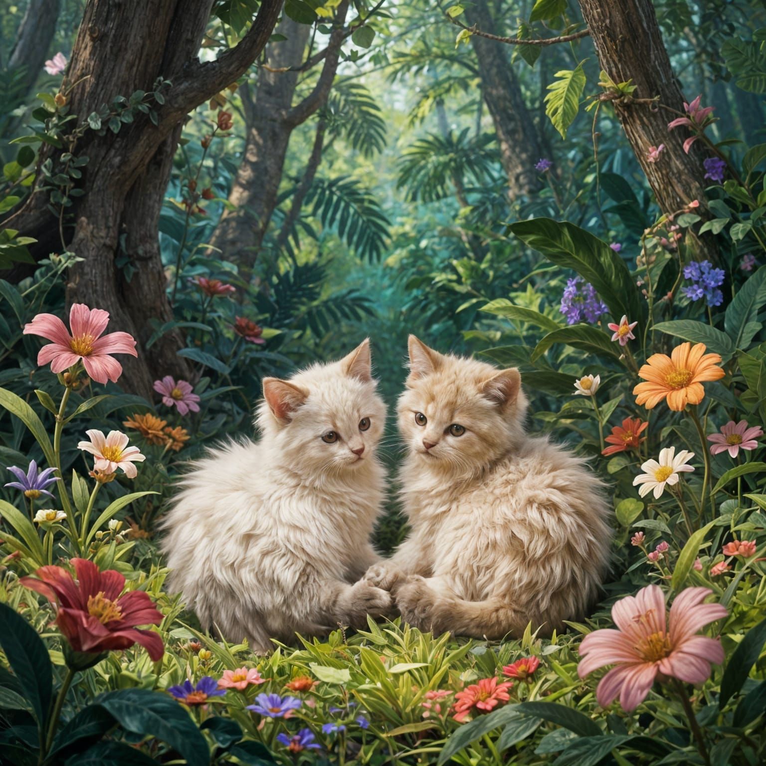 Adorable Kittens Amidst Blooming Flowers in a Magical Forest
