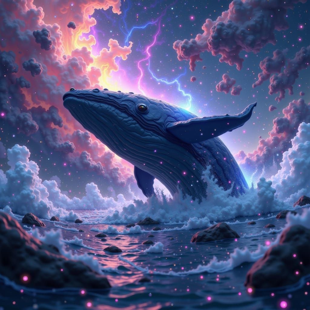 Digital matte painting. A majestic whale breaching in a nebula filled with swirling galaxies and ancient, glowing runes. Intricate detail, d...