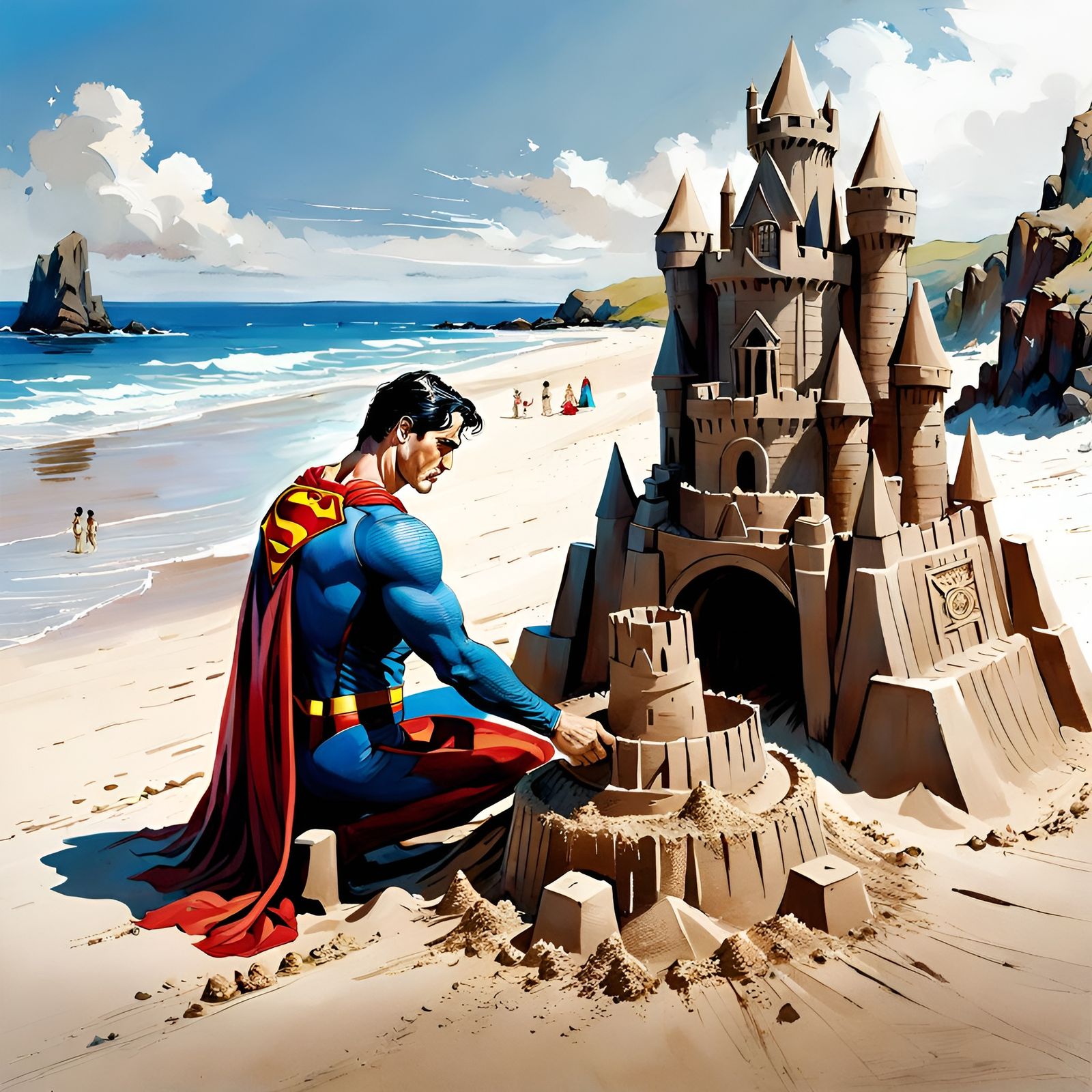 Superman building a sandcastle  by @Chirminth
