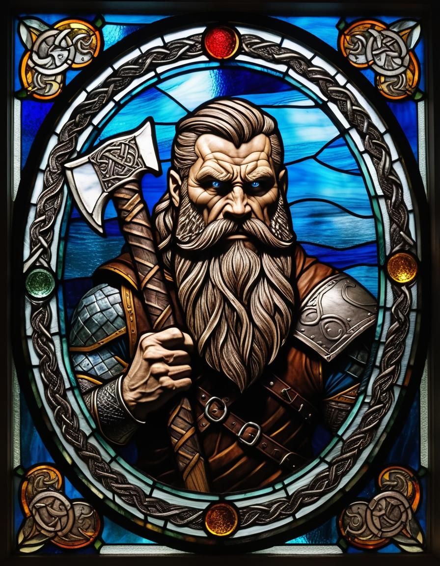 stained glass window of norse berserker, undercut, forked br...