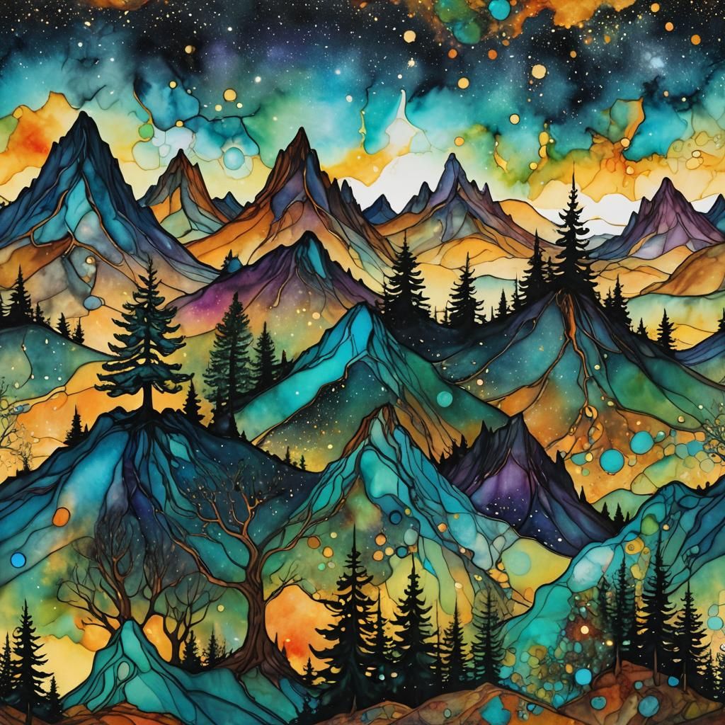 Distorted Unbalanced Reality moebius trees drones mountains stars alcohol ink  by @LynnieDoo