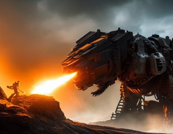 Robotic Soldier Battles Dragon in Desolate Wasteland