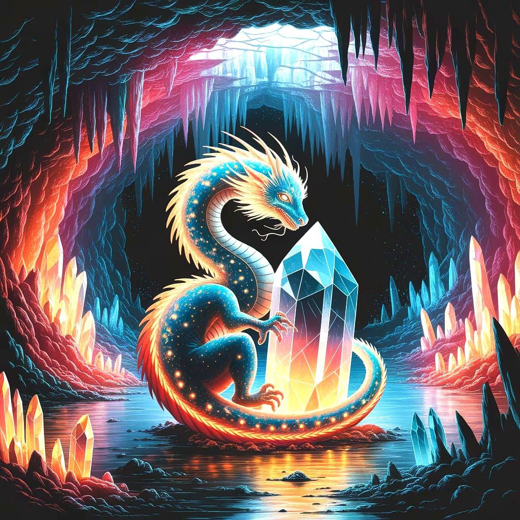 A whimsical, bioluminescent dragon with intricate, glowing patterns on its scales, curled around a giant crystal in a fantastical cave. The ...