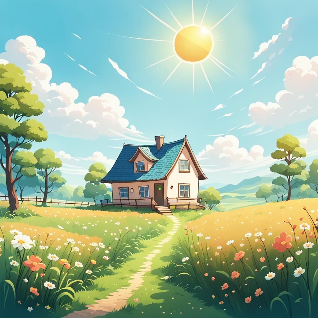 A cute house in a field on a sunny day, kawaii art style