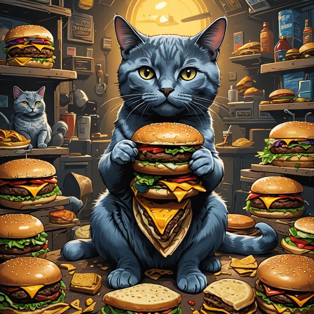 Russian blue cat sitting on a cheeseburger