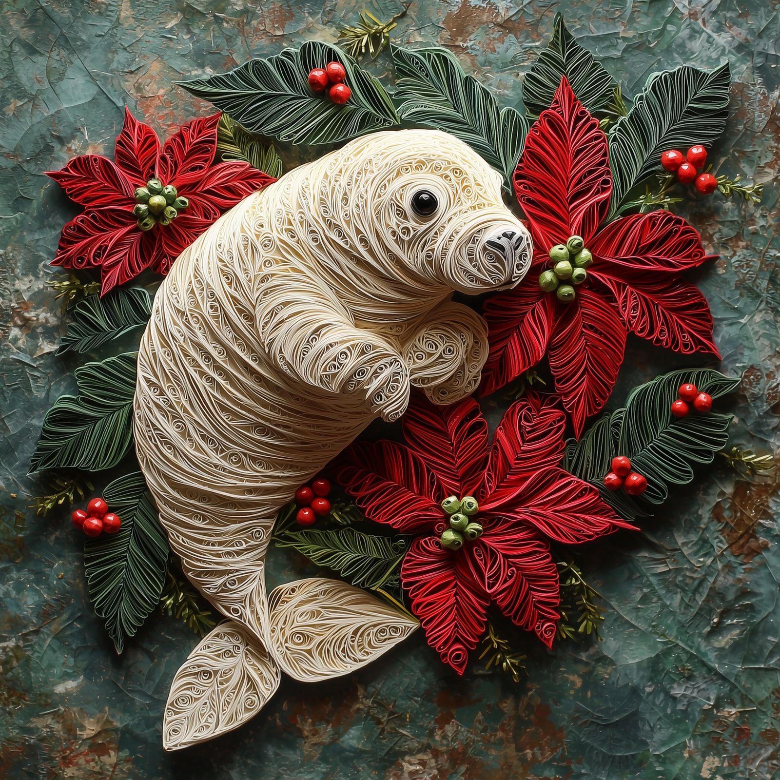 Paper Quilling Manatee and Poinsettias