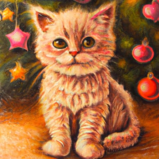  A crayon drawing of a Cute kitten in christmas background  by @Maria Luz Gambetta