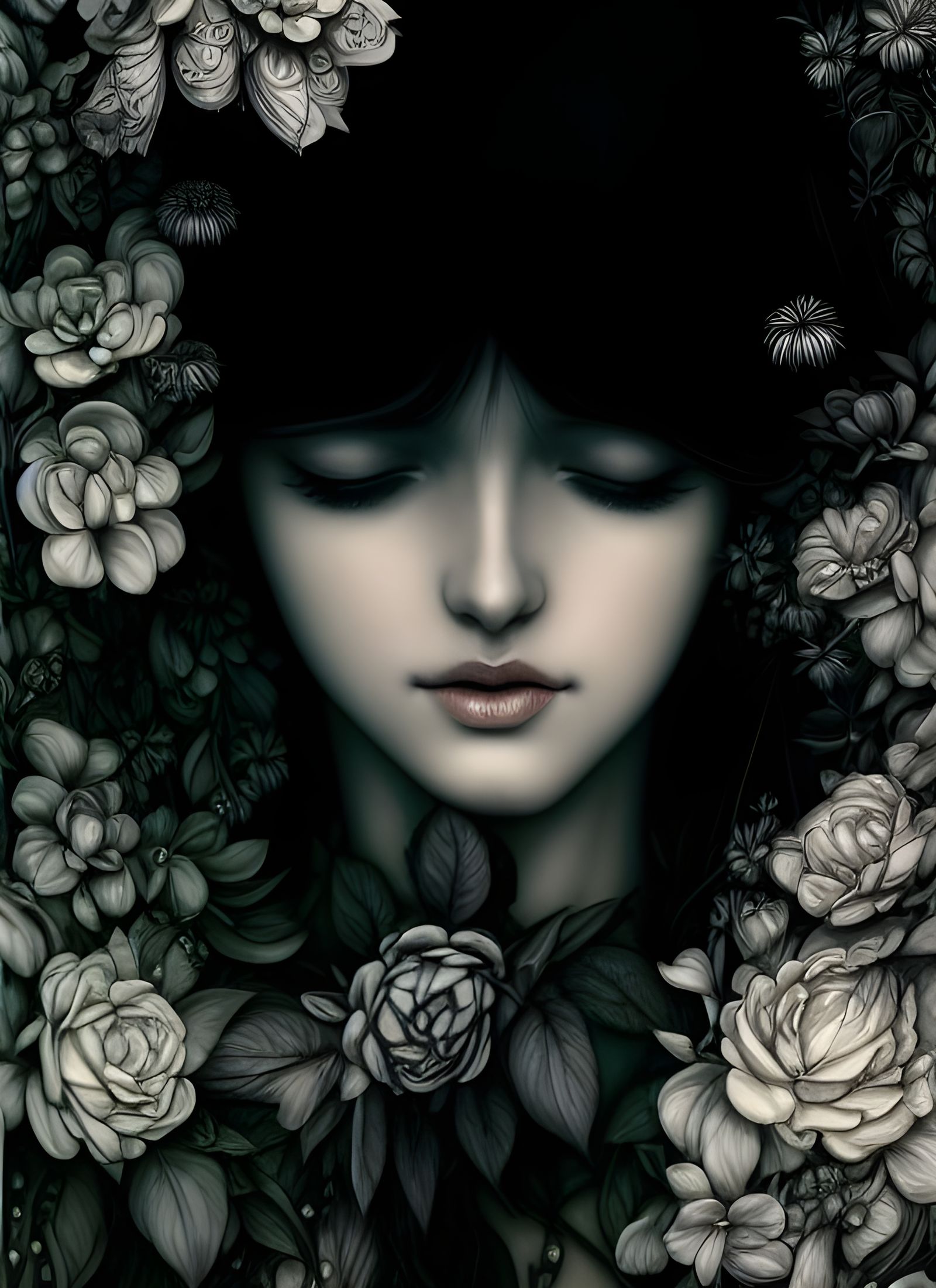 Floral Somberness Digital Portrait Painting in Black and White