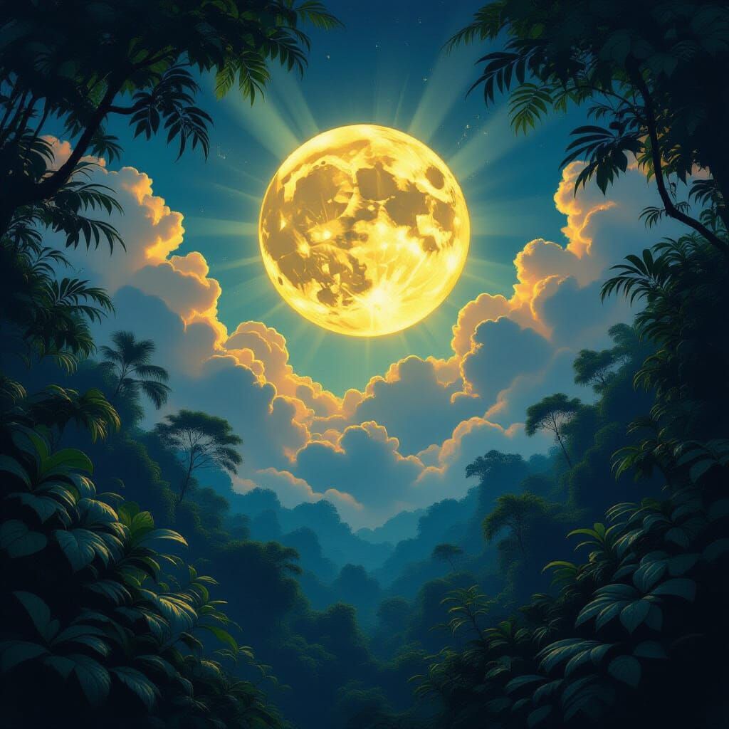 Full Moon Over Lush Jungle in Surrealist Digital Painting