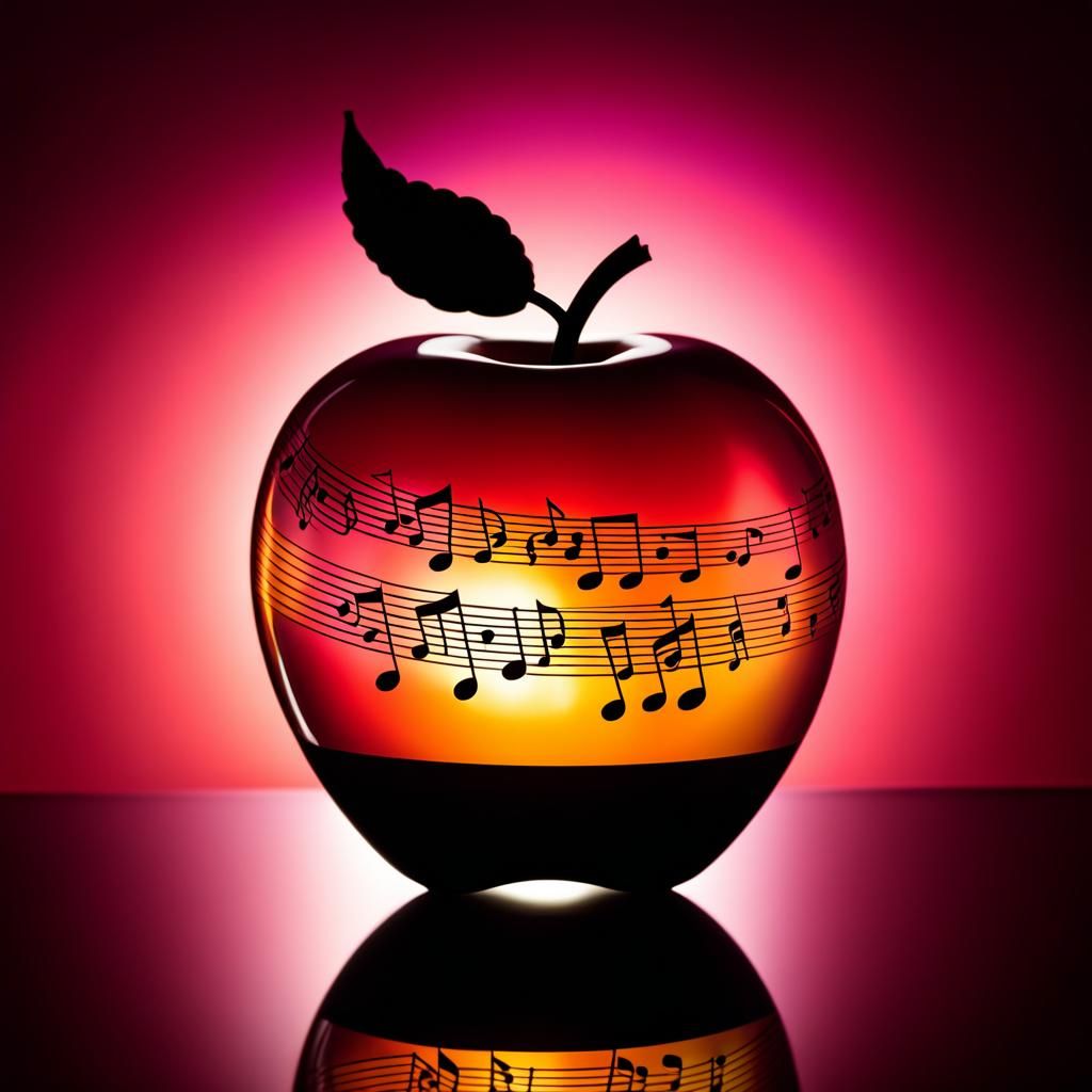 crystal apple, showcasing internal musical notes and silhoue...