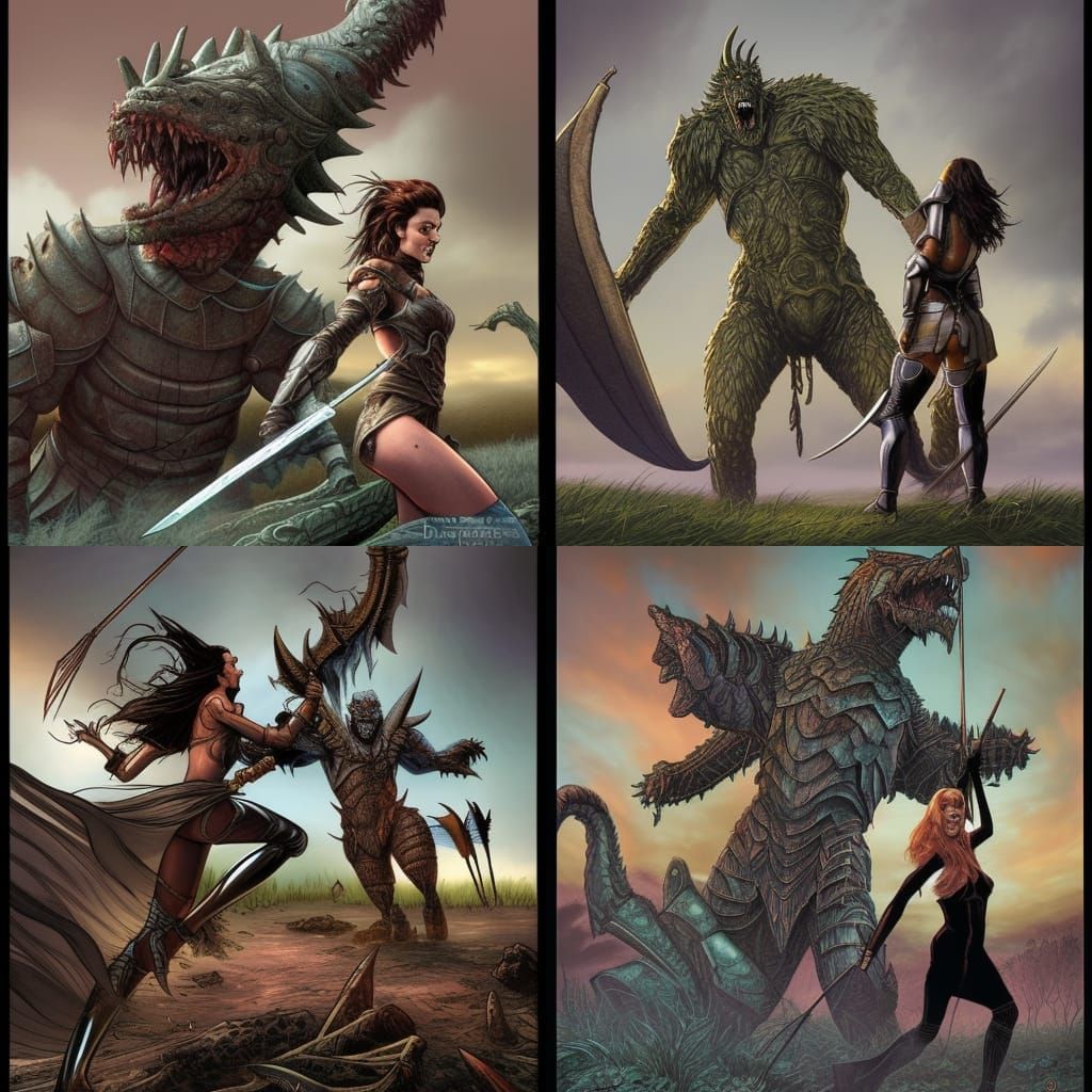 a tall woman in armor fights a large monster in the middle o...