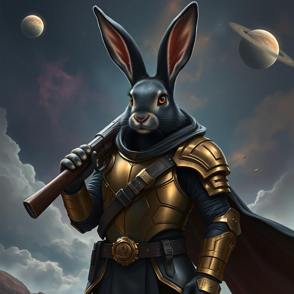Design a detailed realistic poster featuring a realistic full black rabbit with no facial hair, very big and long ears, large glowing white...