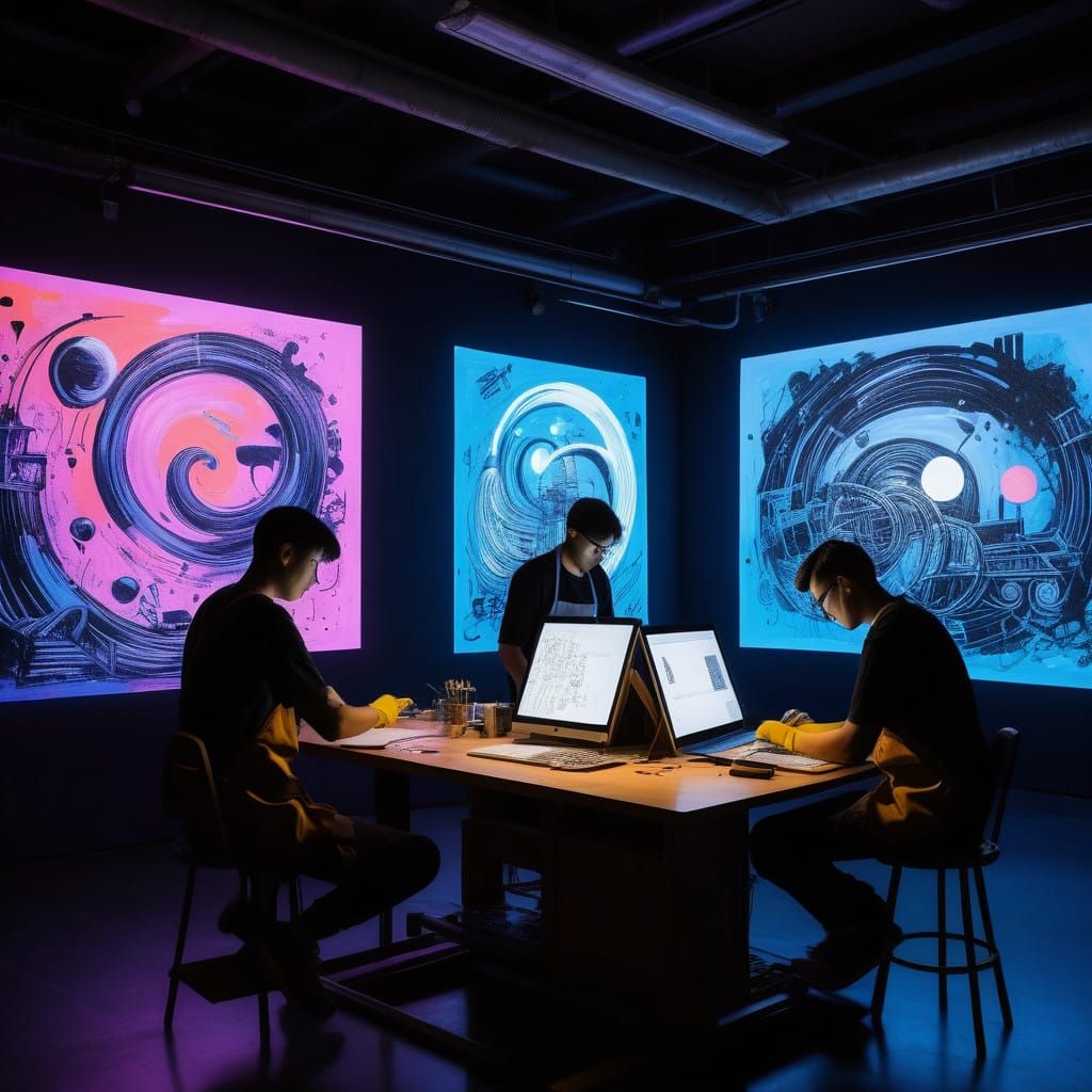 Artists and Robots Collaborate in Futuristic Studio Scene