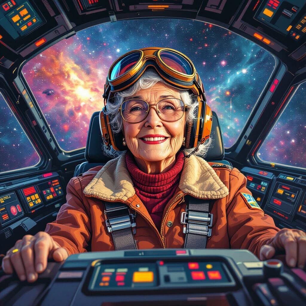: An elderly woman with a kind smile, sitting in a spaceship cockpit, navigating through a vibrant nebula. She wears a vintage pilot's cap a...