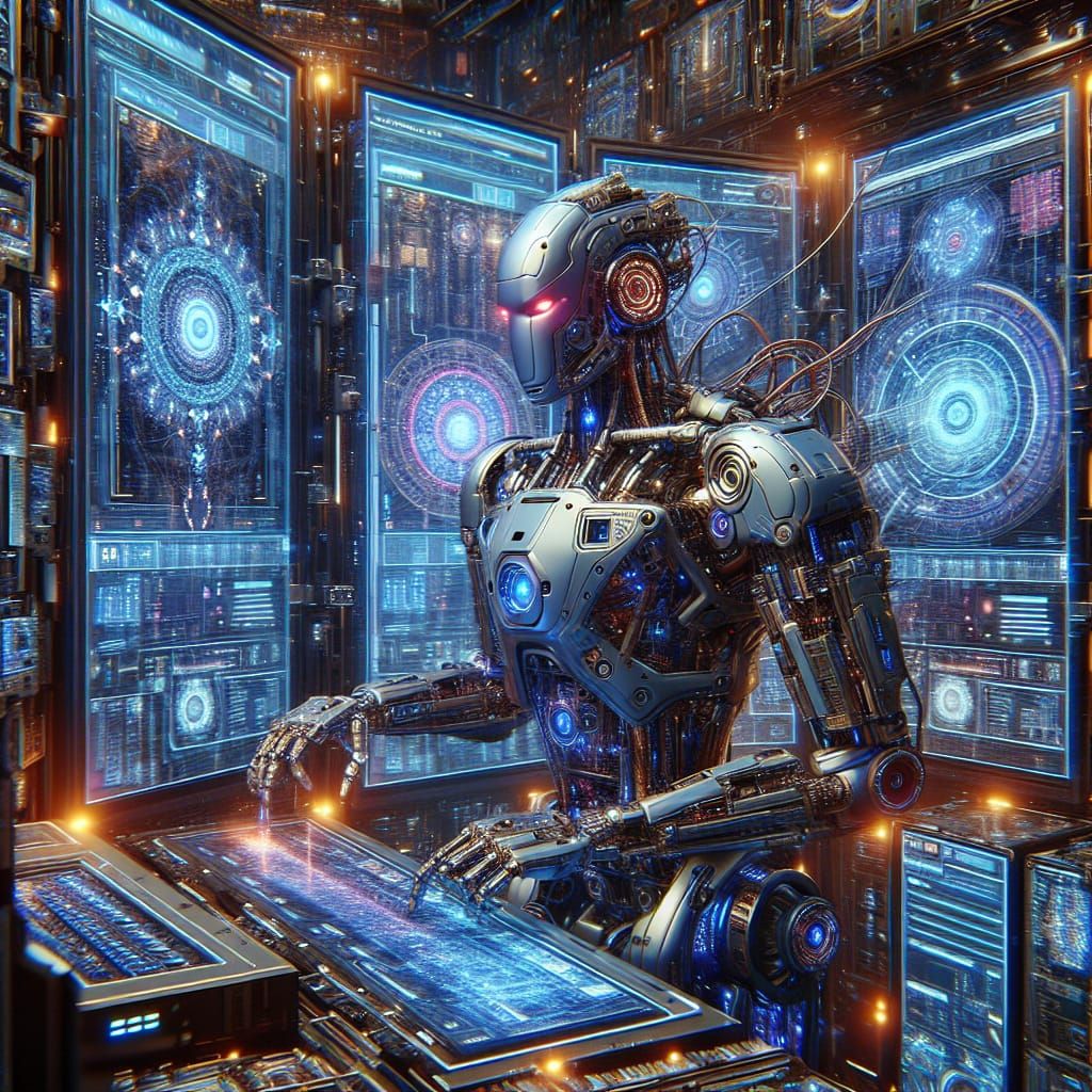  an Intelligent robot managing an MCP (Multi-Protocol Control Platform) server for network automation, showcasing high-tech interfaces, futu...