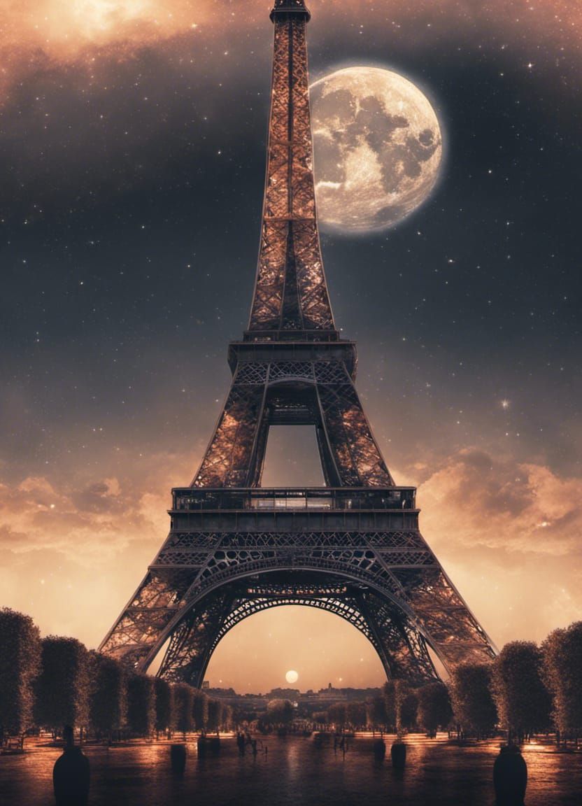 the eiffel tower, at night, moon flare, black outlines - AI Generated ...