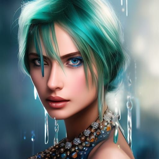 Stunning Blue-Green Haired Woman Portrait in Photo-Realism H...