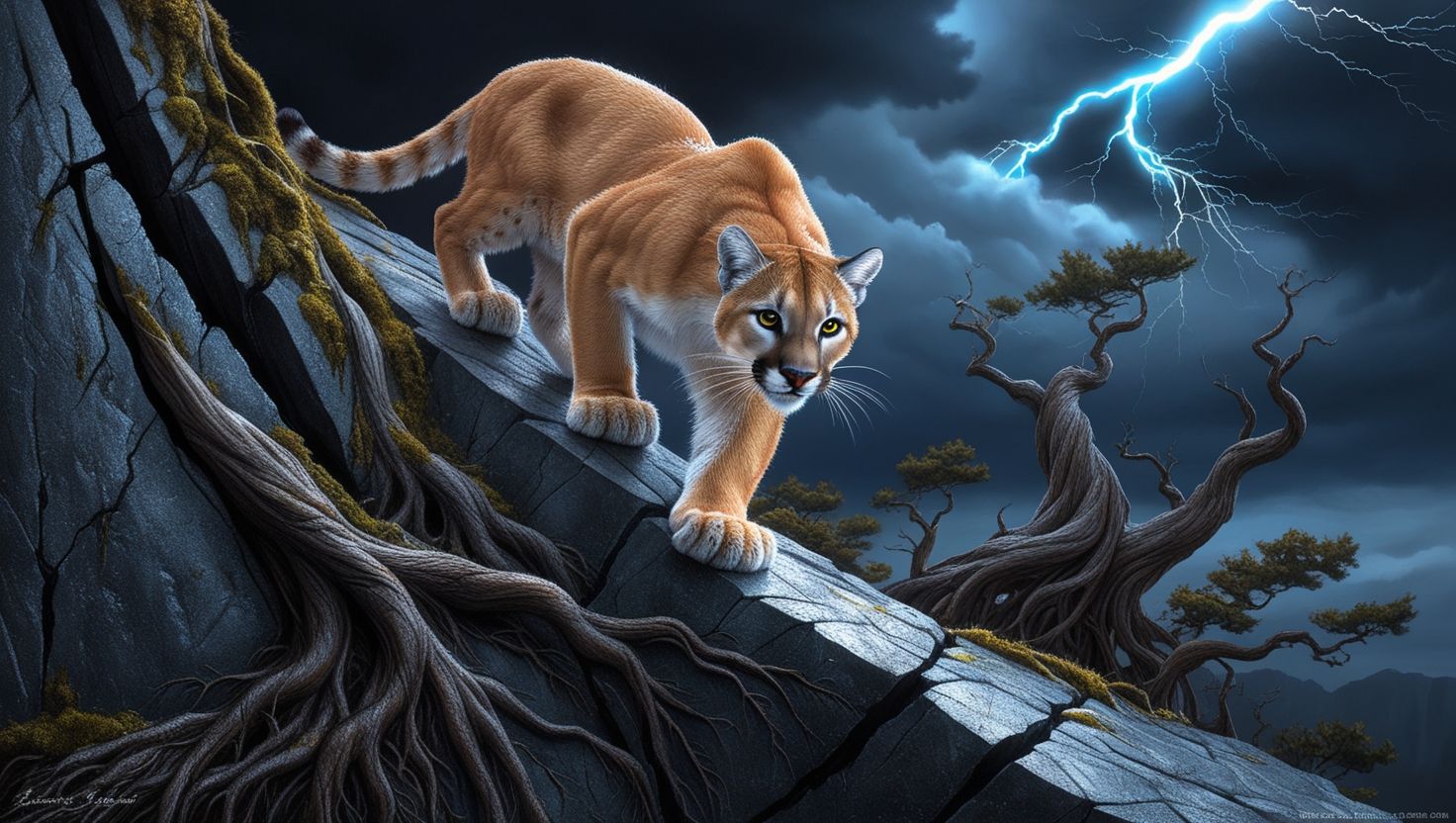Cougar in the mountains, thunderstorm with lightning